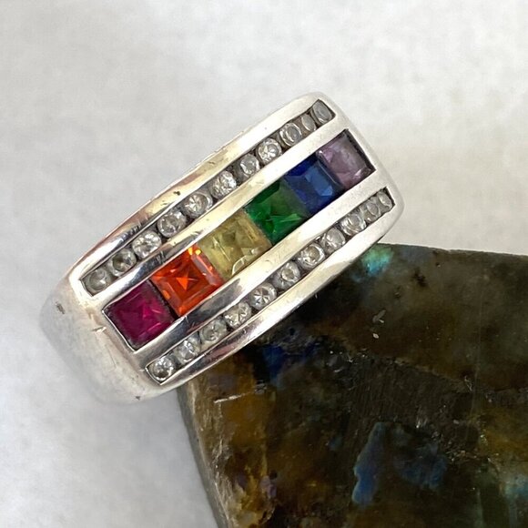 Ross-Simons Sterling Silver Channel Set Multi Gemstone Chakra Band Ring Sz 6.75 - Picture 12 of 16